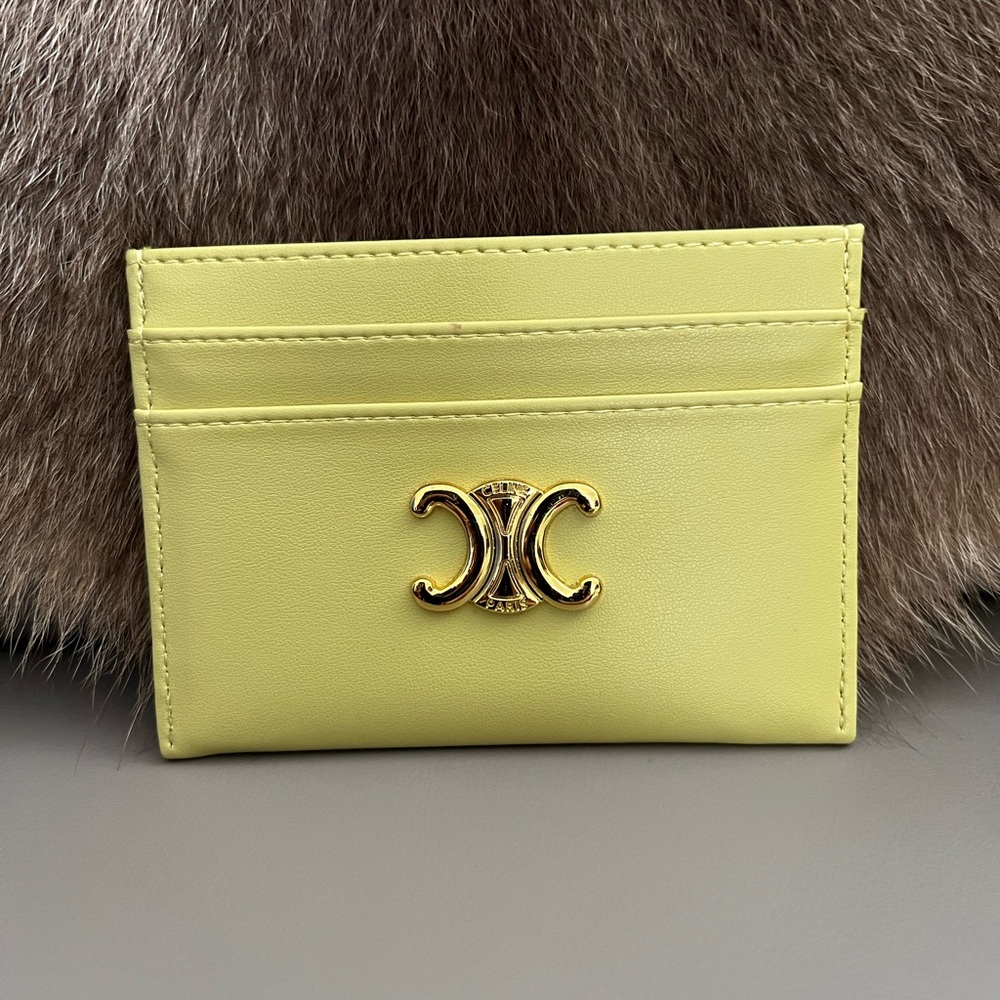 Lemon Yellow Leather Card Case with Triomphe-Style Gold Logo